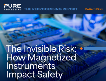 Cover of Pure Processing's 'The Reprocessing Report' titled 'The Invisible Risk: How Magnetized Instruments Impact Safety.' A close-up photo shows surgical instruments arranged in a blue sterilization tray with bristled instrument holders, lit in blue tones. The Pure Processing logo and the tagline 'Patient First' appear in the dark header bar.