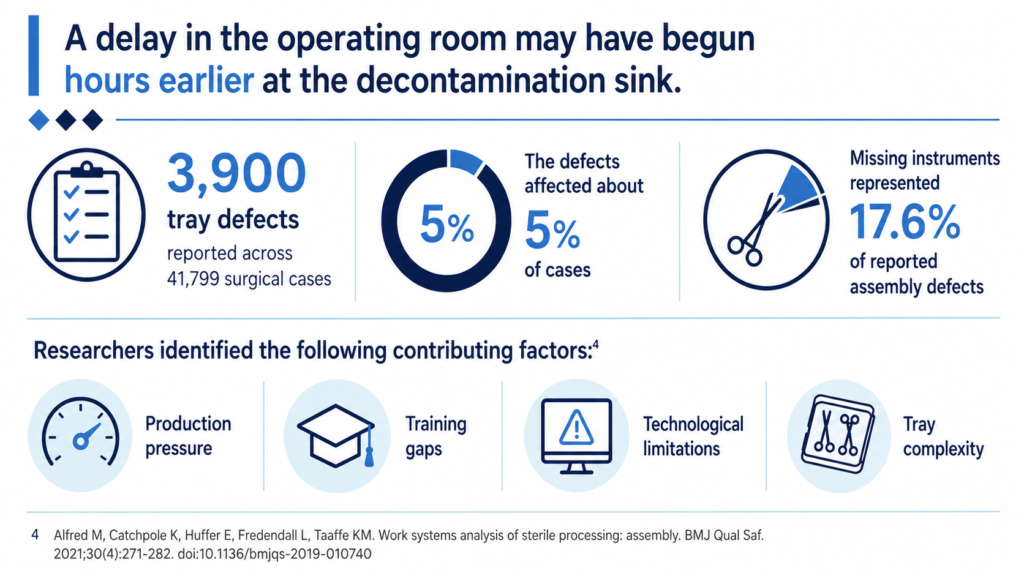 Infographic reporting 3,900 tray defects across 41,799 surgical cases, affecting about 5% of cases. Missing instruments accounted for 17.6% of assembly defects. Contributing factors included production pressure, training gaps, technological limitations and tray complexity.