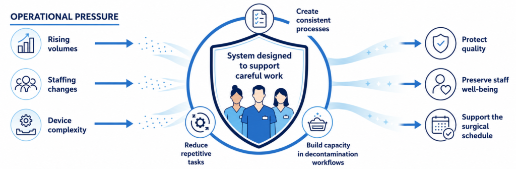 Diagram showing how rising volumes, staffing changes and device complexity create operational pressure. A supportive work system promotes consistent processes, reduces repetitive tasks and builds decontamination capacity to protect quality, staff well-being and the surgical schedule.